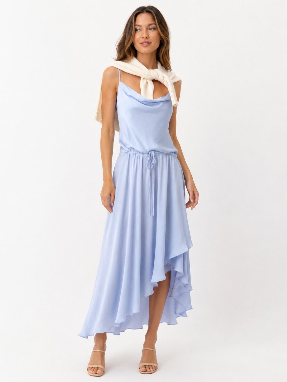 Hello Molly Bayshore Blue Satin Cowl High Low Midi Dress Asymmetrical US 4